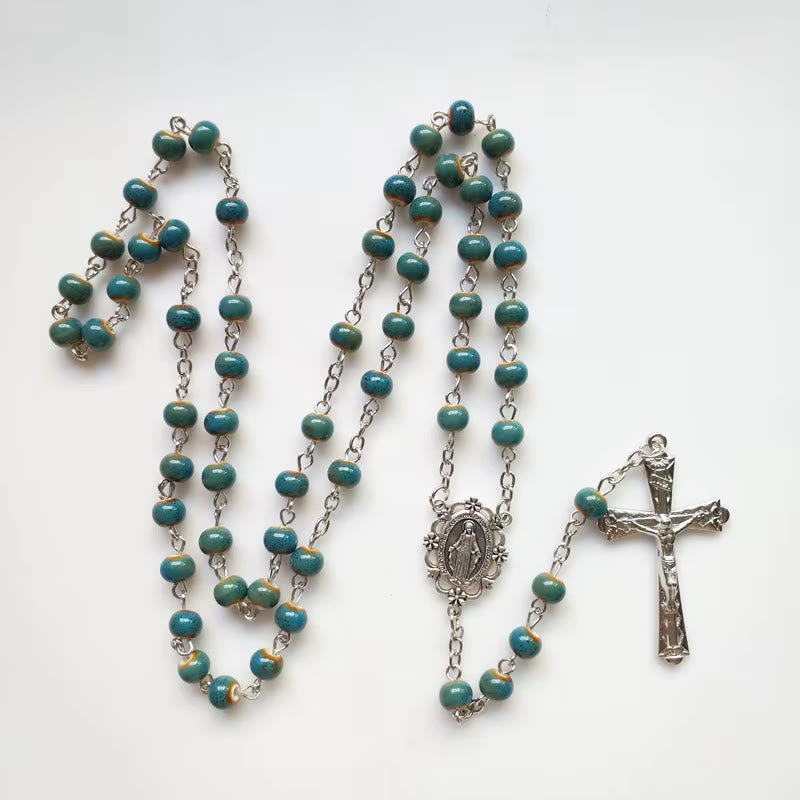 Christianartworkshop Médaille miraculeuse et crucifix en alliage de céramique bleue ronde de 6 mm, chapelet - image 3