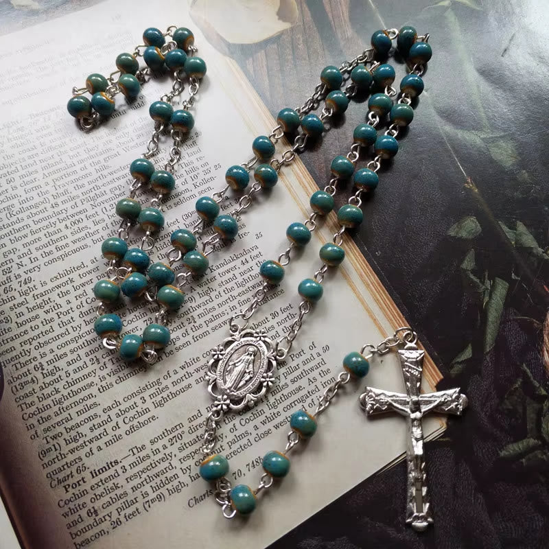 Christianartworkshop Médaille miraculeuse et crucifix en alliage de céramique bleue ronde de 6 mm, chapelet - image 4