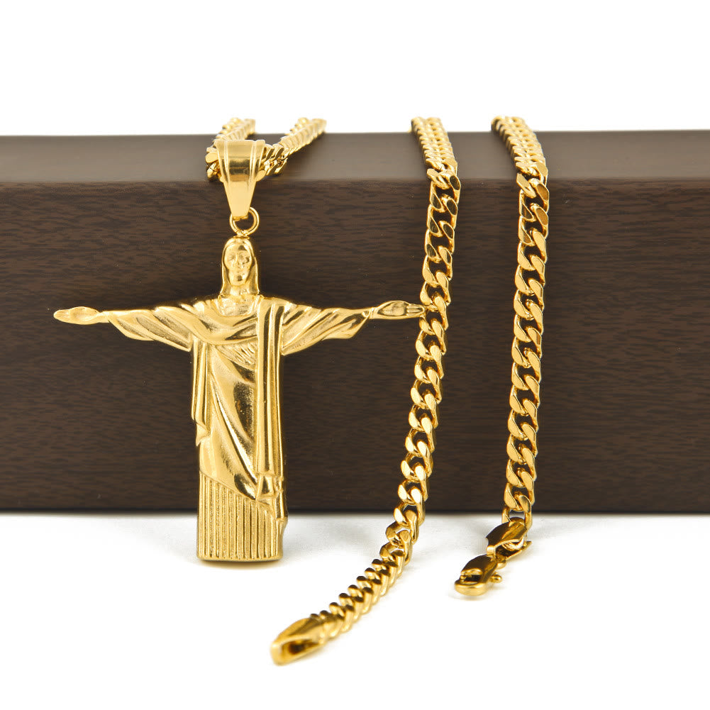 Christianartworkshop Collier pendentif Christ Rédempteur majestueux, finition dorée, style classique - image 3