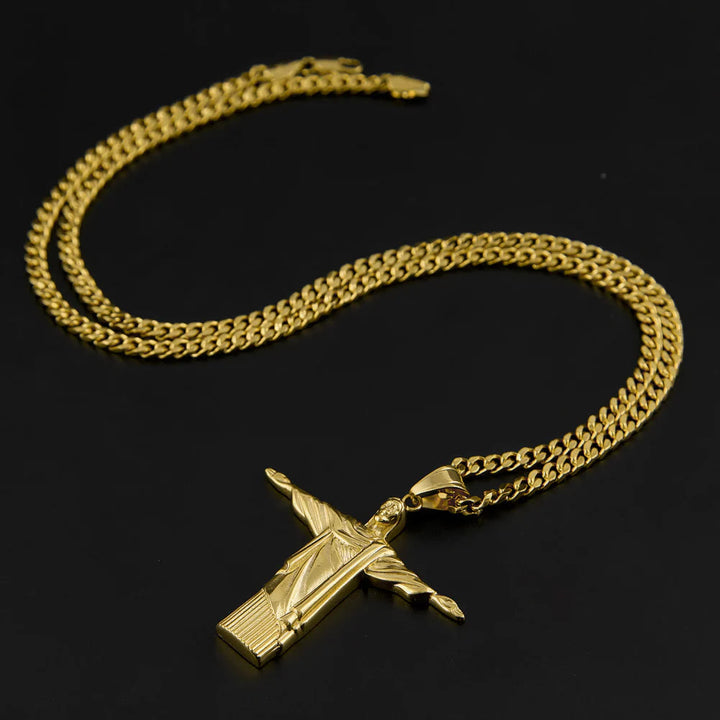 Christianartworkshop Collier pendentif Christ Rédempteur majestueux, finition dorée, style classique - image 1