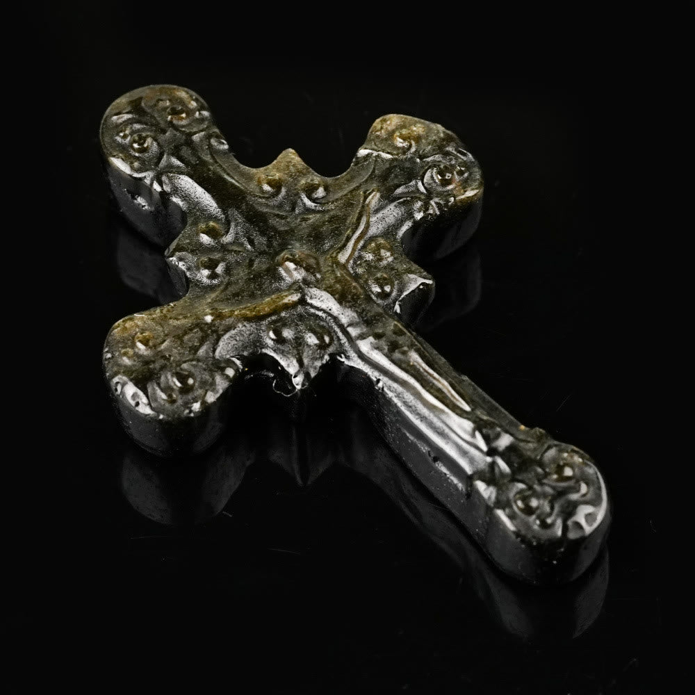Christianartworkshop Ornements en pierre naturelle : œil de tigre, labradorite, obsidienne, lapis-lazuli, crucifix en volutes - Obsidienne - image 2