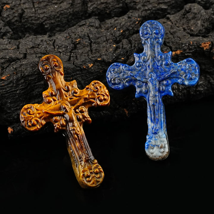 Christianartworkshop Ornements en pierre naturelle : œil de tigre, labradorite, obsidienne, lapis-lazuli, crucifix en volutes - image 4