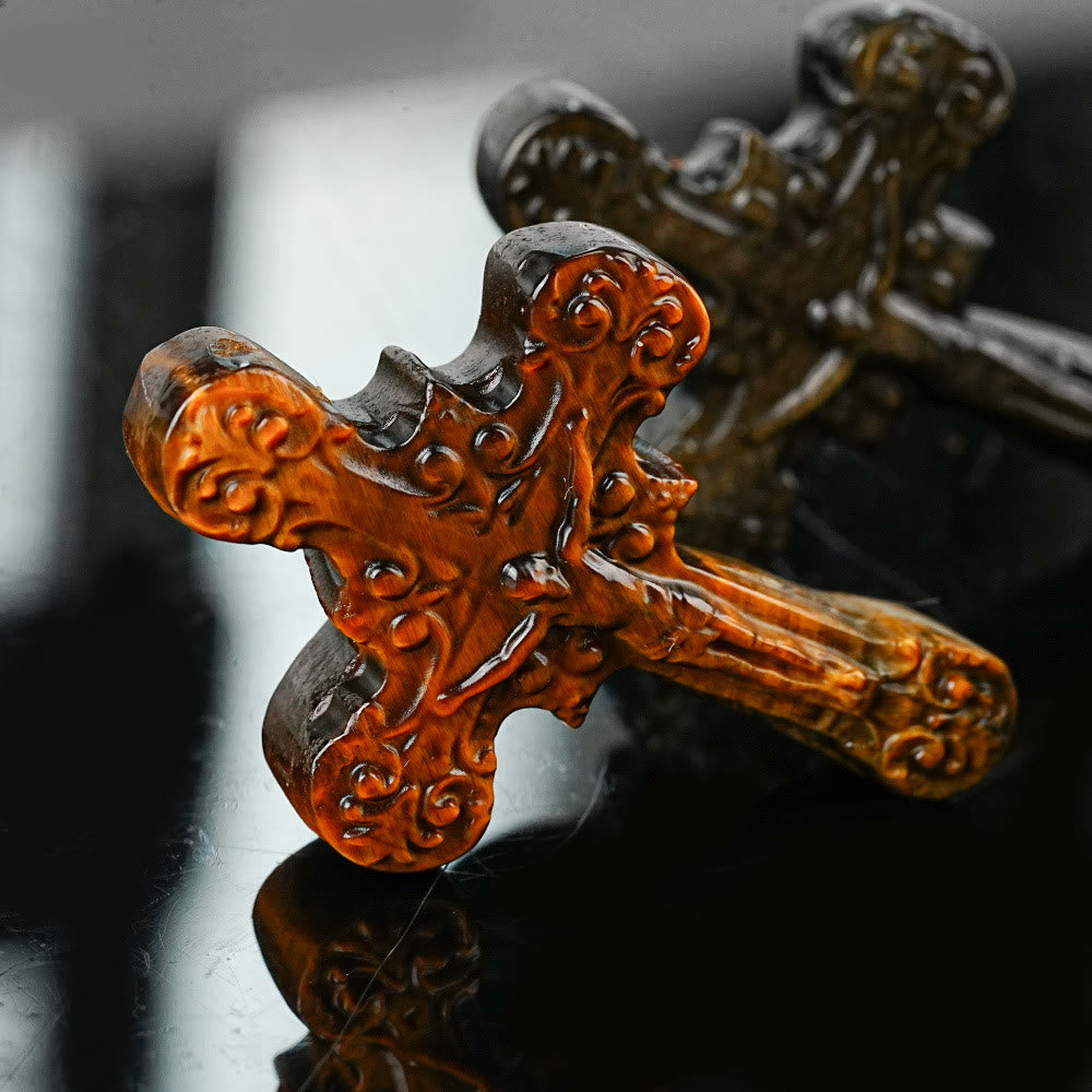 Christianartworkshop Ornements en pierre naturelle : œil de tigre, labradorite, obsidienne, lapis-lazuli, crucifix en volutes - Œil de tigre - image 0
