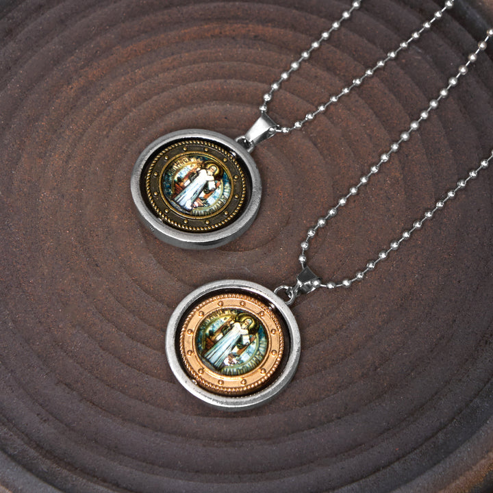 Christianartworkshop Collier pendentif rotatif style rétro avec icône de Jésus, saint Benoît et la Vierge Marie - Saint-Benoît-Cuivre - image 0