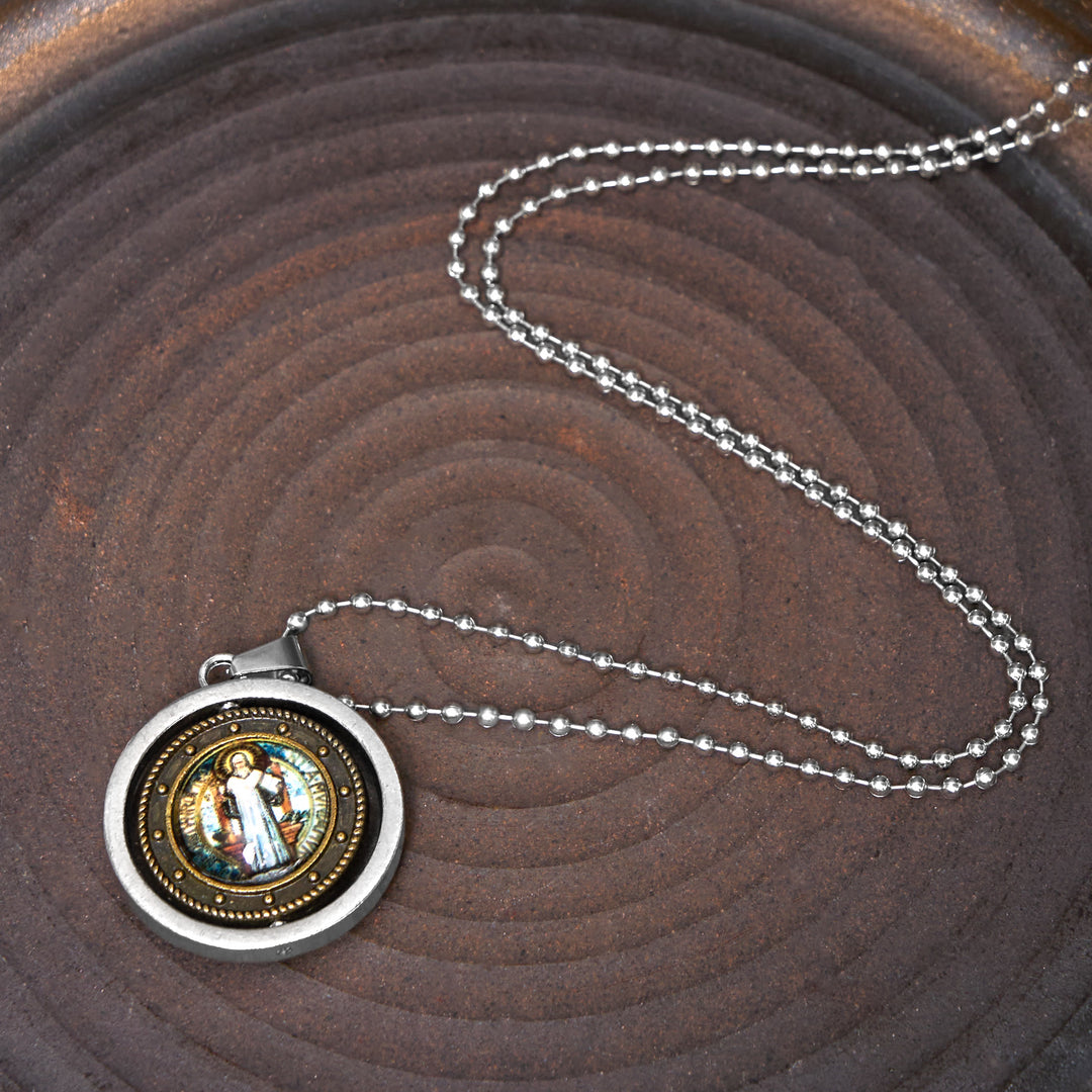 Christianartworkshop Collier pendentif rotatif style rétro avec icône de Jésus, saint Benoît et la Vierge Marie - Saint Benoît-Bronze - image 3