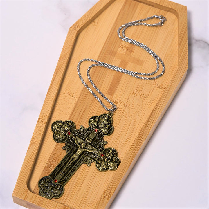 Christianartworkshop Collier pendentif orné d'un crucifix de style classique avec iconographie de la Toussaint et accents de pierres rouges - image 6