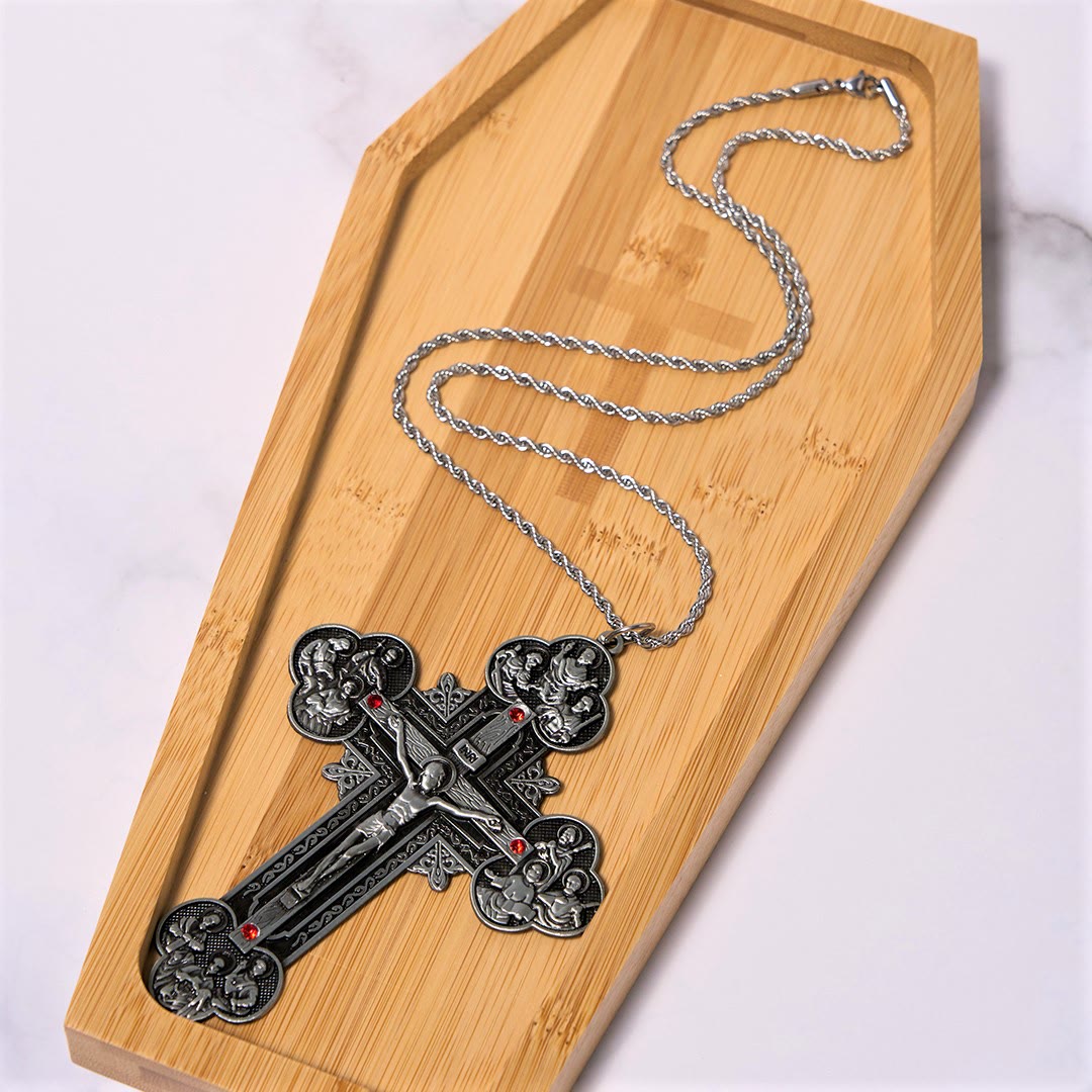 Christianartworkshop Collier pendentif orné d'un crucifix de style classique avec iconographie de la Toussaint et accents de pierres rouges - image 12
