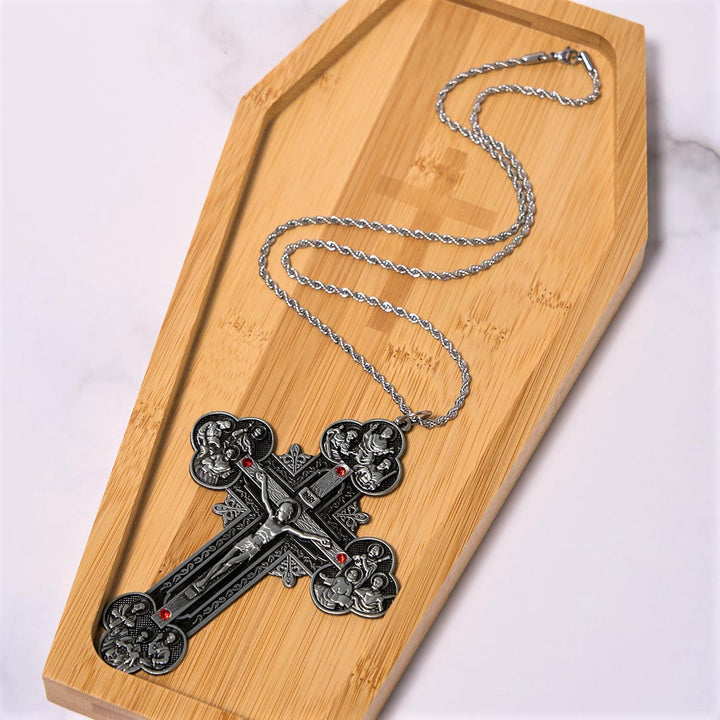 Christianartworkshop Collier pendentif orné d'un crucifix de style classique avec iconographie de la Toussaint et accents de pierres rouges - image 12