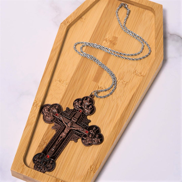 Christianartworkshop Collier pendentif orné d'un crucifix de style classique avec iconographie de la Toussaint et accents de pierres rouges - image 9
