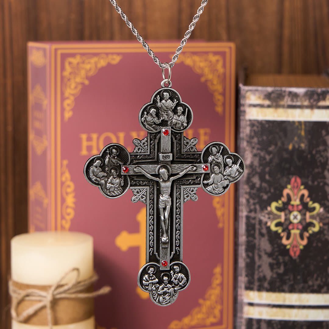 Christianartworkshop Collier pendentif orné d'un crucifix de style classique avec iconographie de la Toussaint et accents de pierres rouges - Argent - image 2