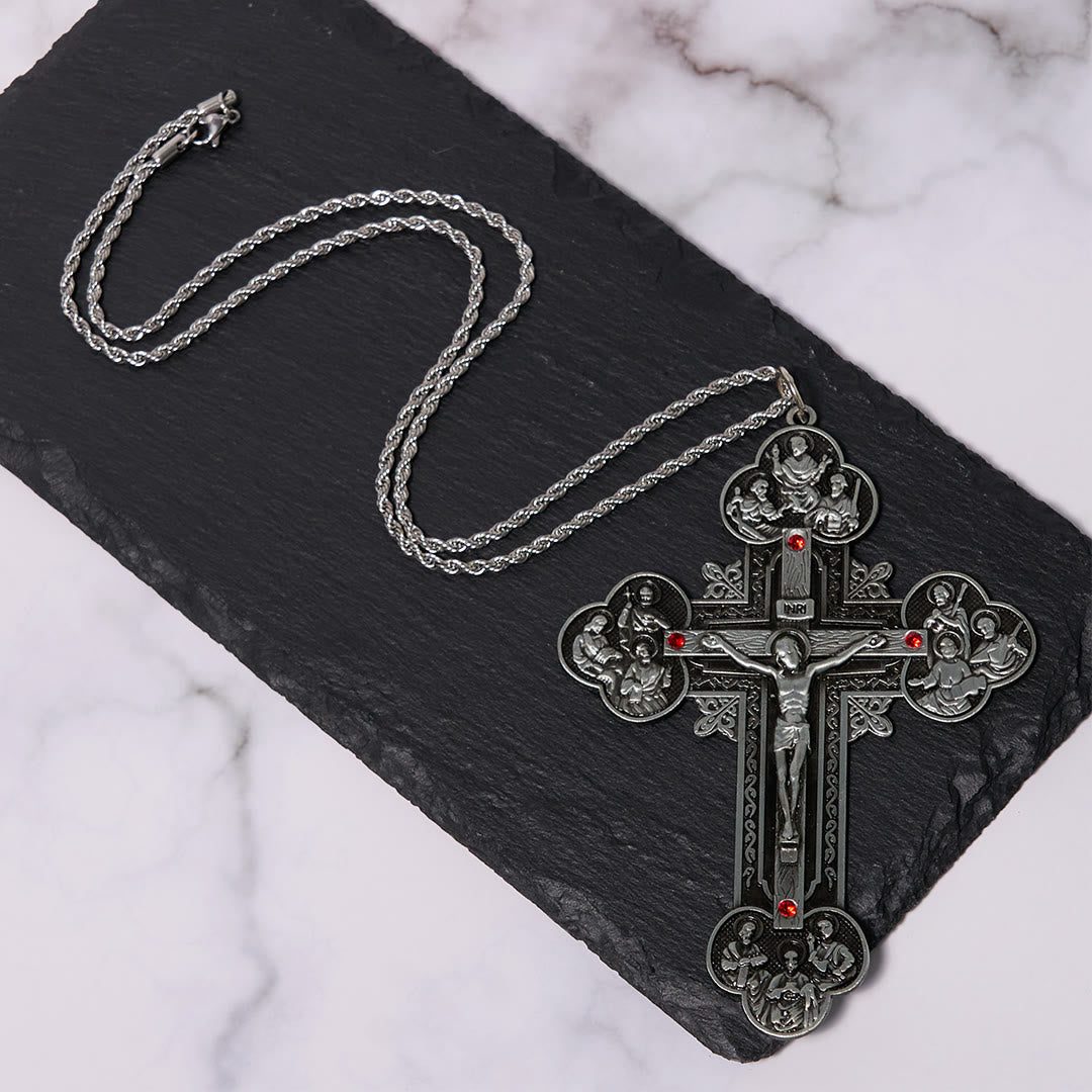 Christianartworkshop Collier pendentif orné d'un crucifix de style classique avec iconographie de la Toussaint et accents de pierres rouges - image 11