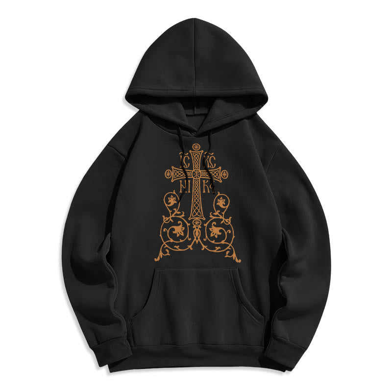 Sweat à capuche en polyester doublé polaire, style classique, avec emblème de croix sacrée, motifs floraux et vignes, signé Christianartworkshop - Noir - 2XL - image 0