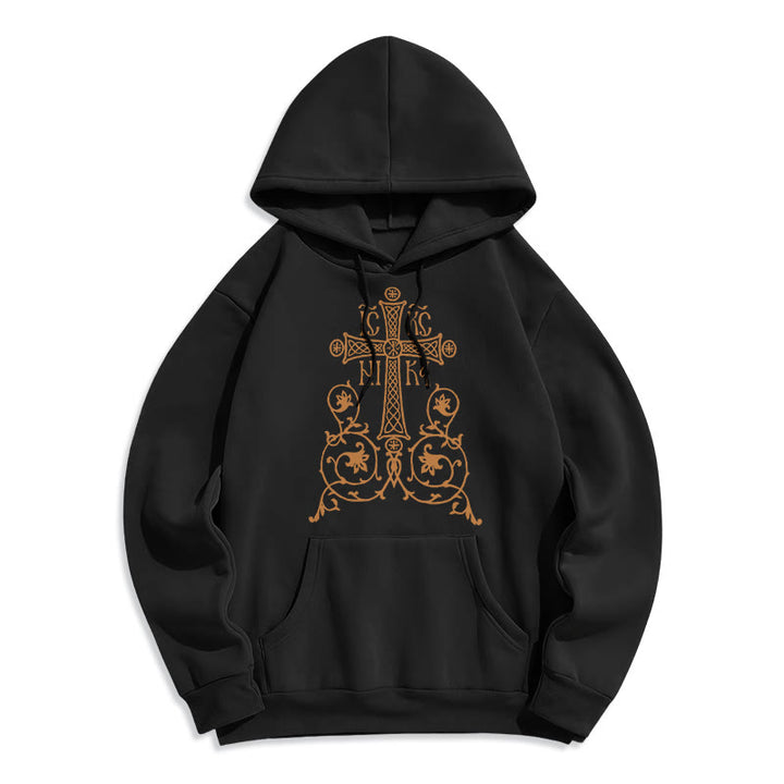 Sweat à capuche en polyester doublé polaire, style classique, avec emblème de croix sacrée, motifs floraux et vignes, signé Christianartworkshop - Noir - 2XL - image 0