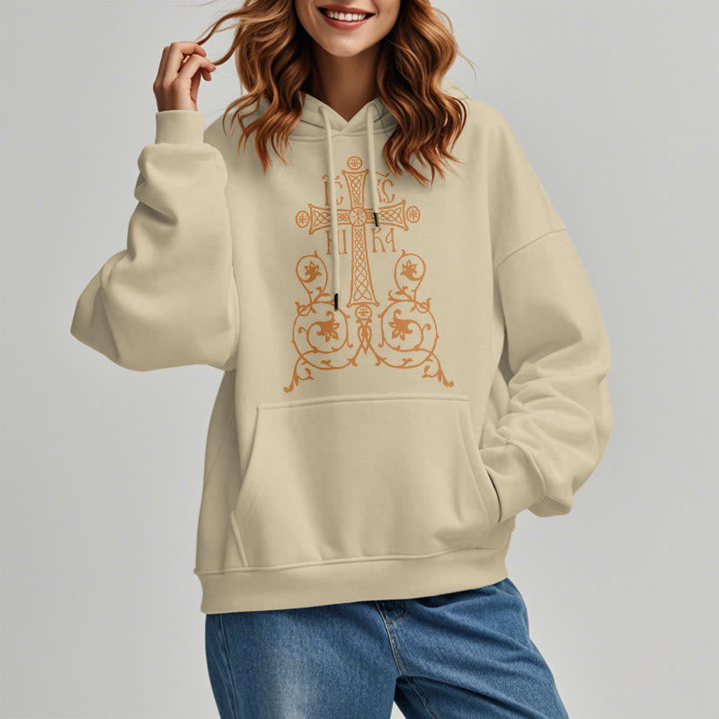 Sweat à capuche en polyester doublé polaire, style classique, avec emblème de croix sacrée, motifs floraux et vignes, signé Christianartworkshop - image 13