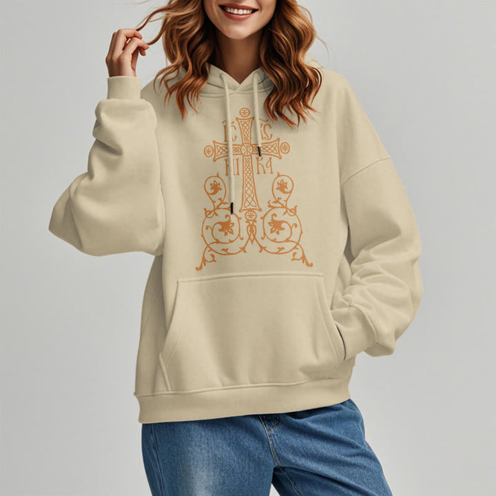 Sweat à capuche en polyester doublé polaire, style classique, avec emblème de croix sacrée, motifs floraux et vignes, signé Christianartworkshop - image 13