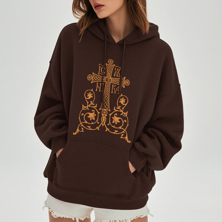 Sweat à capuche en polyester doublé polaire, style classique, avec emblème de croix sacrée, motifs floraux et vignes, signé Christianartworkshop - image 18