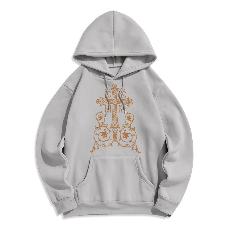 Sweat à capuche en polyester doublé polaire, style classique, avec emblème de croix sacrée, motifs floraux et vignes, signé Christianartworkshop - Gris - 2XL - image 30