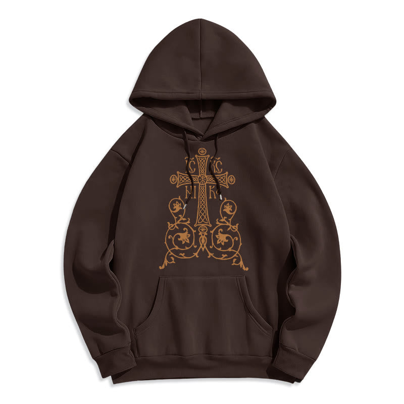 Sweat à capuche en polyester doublé polaire, style classique, avec emblème de croix sacrée, motifs floraux et vignes, signé Christianartworkshop - Brun - 2XL - image 15