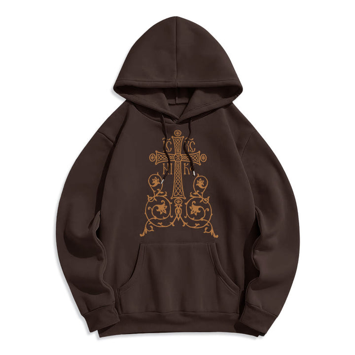 Sweat à capuche en polyester doublé polaire, style classique, avec emblème de croix sacrée, motifs floraux et vignes, signé Christianartworkshop - Brun - 2XL - image 15