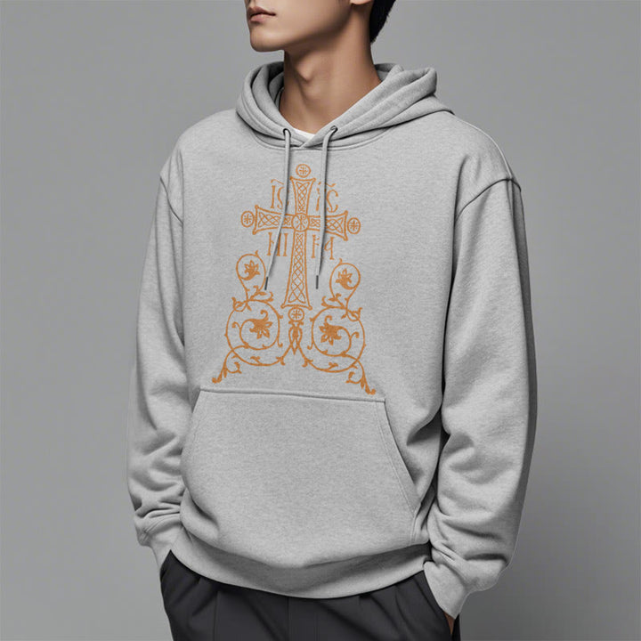 Sweat à capuche en polyester doublé polaire, style classique, avec emblème de croix sacrée, motifs floraux et vignes, signé Christianartworkshop - image 33