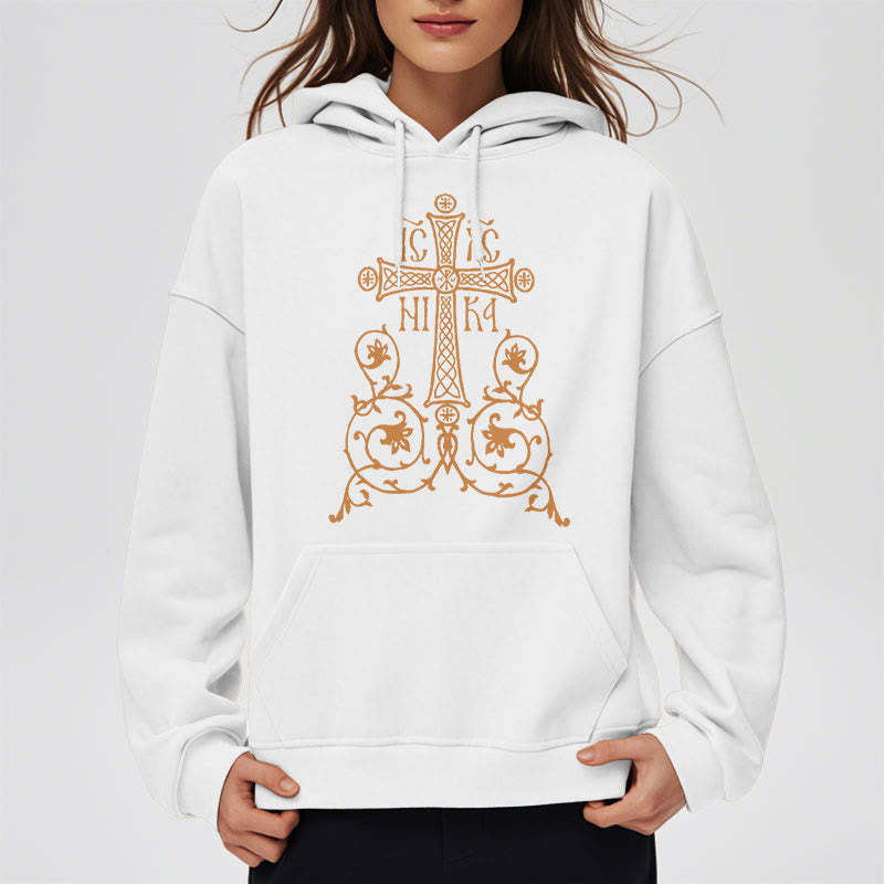 Sweat à capuche en polyester doublé polaire, style classique, avec emblème de croix sacrée, motifs floraux et vignes, signé Christianartworkshop - image 7