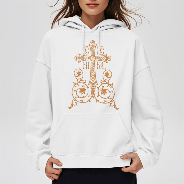 Sweat à capuche en polyester doublé polaire, style classique, avec emblème de croix sacrée, motifs floraux et vignes, signé Christianartworkshop - image 7