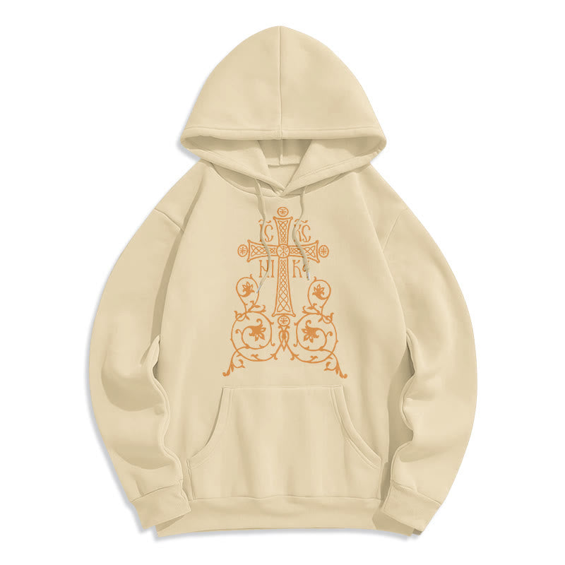Sweat à capuche en polyester doublé polaire, style classique, avec emblème de croix sacrée, motifs floraux et vignes, signé Christianartworkshop - Beige - 2XL - image 10