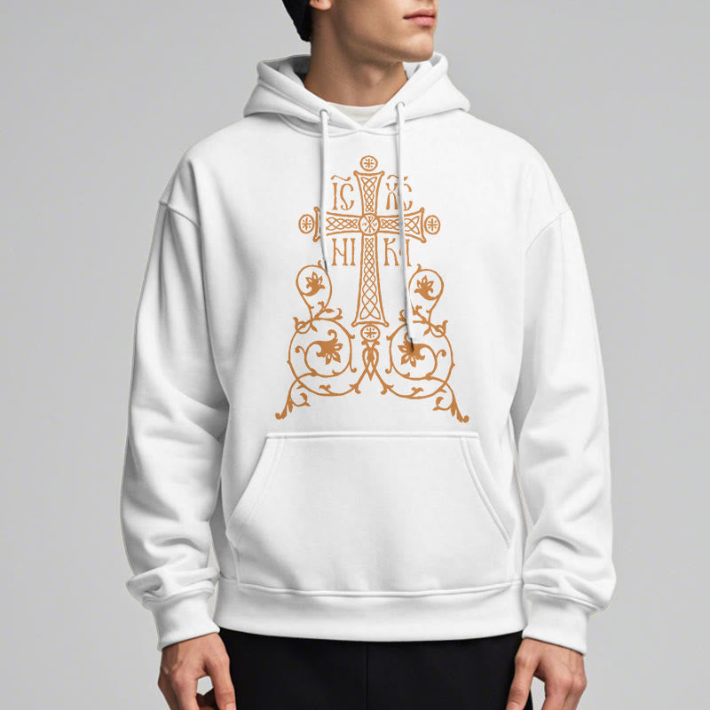 Sweat à capuche en polyester doublé polaire, style classique, avec emblème de croix sacrée, motifs floraux et vignes, signé Christianartworkshop - image 8