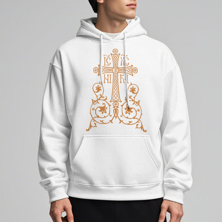 Sweat à capuche en polyester doublé polaire, style classique, avec emblème de croix sacrée, motifs floraux et vignes, signé Christianartworkshop - image 8