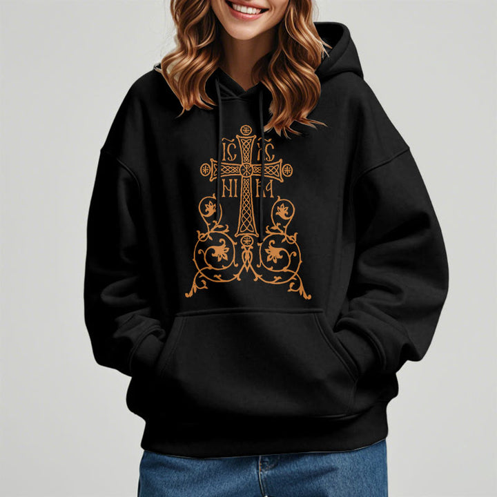 Sweat à capuche en polyester doublé polaire, style classique, avec emblème de croix sacrée, motifs floraux et vignes, signé Christianartworkshop - image 1