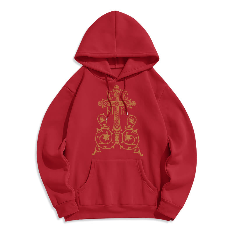 Sweat à capuche en polyester doublé polaire, style classique, avec emblème de croix sacrée, motifs floraux et vignes, signé Christianartworkshop - Rouge - 2XL - image 35