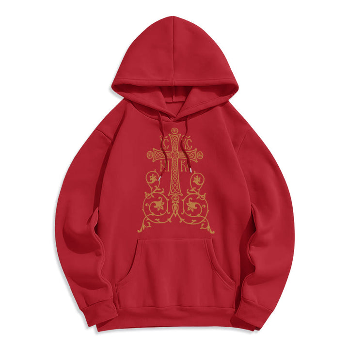Sweat à capuche en polyester doublé polaire, style classique, avec emblème de croix sacrée, motifs floraux et vignes, signé Christianartworkshop - Rouge - 2XL - image 35