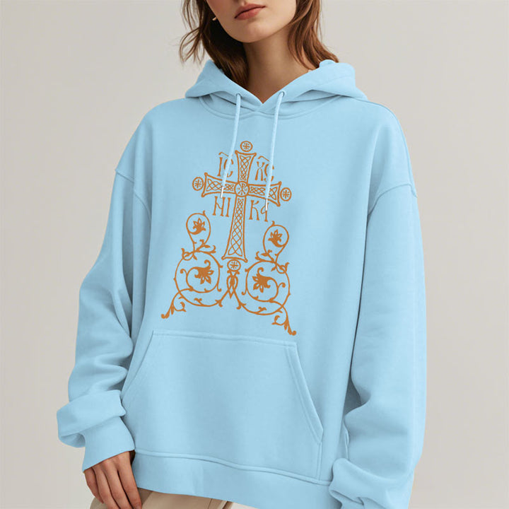 Sweat à capuche en polyester doublé polaire, style classique, avec emblème de croix sacrée, motifs floraux et vignes, signé Christianartworkshop - image 28