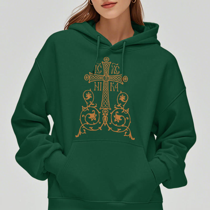 Sweat à capuche en polyester doublé polaire, style classique, avec emblème de croix sacrée, motifs floraux et vignes, signé Christianartworkshop - image 23
