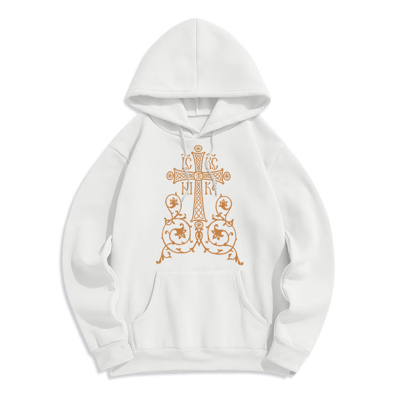 Sweat à capuche en polyester doublé polaire, style classique, avec emblème de croix sacrée, motifs floraux et vignes, signé Christianartworkshop - Blanc - 2XL - image 5