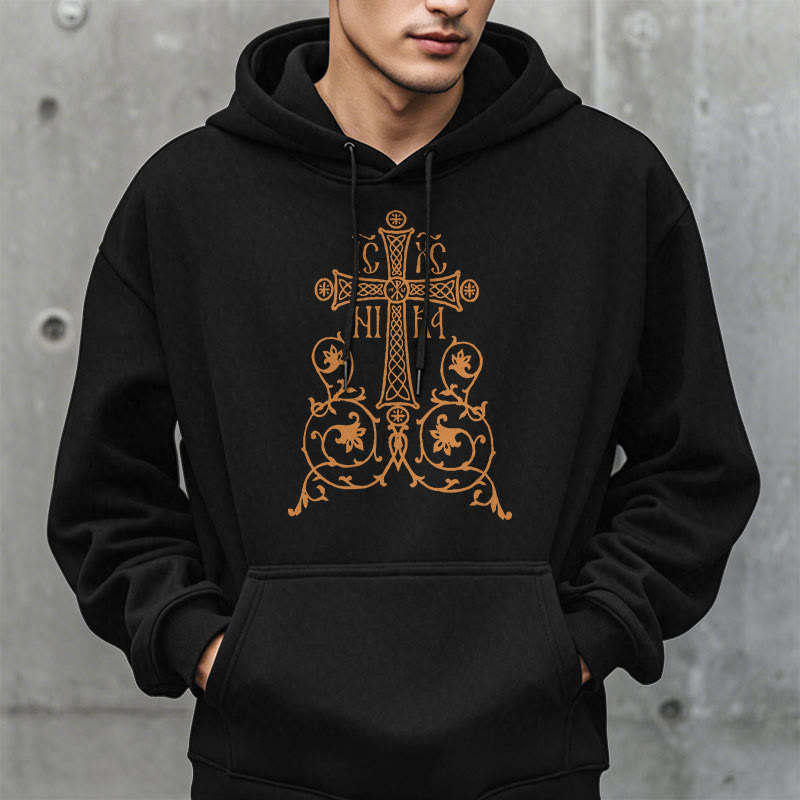 Sweat à capuche en polyester doublé polaire, style classique, avec emblème de croix sacrée, motifs floraux et vignes, signé Christianartworkshop - image 2