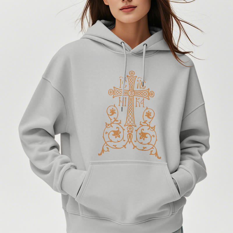Sweat à capuche en polyester doublé polaire, style classique, avec emblème de croix sacrée, motifs floraux et vignes, signé Christianartworkshop - image 32