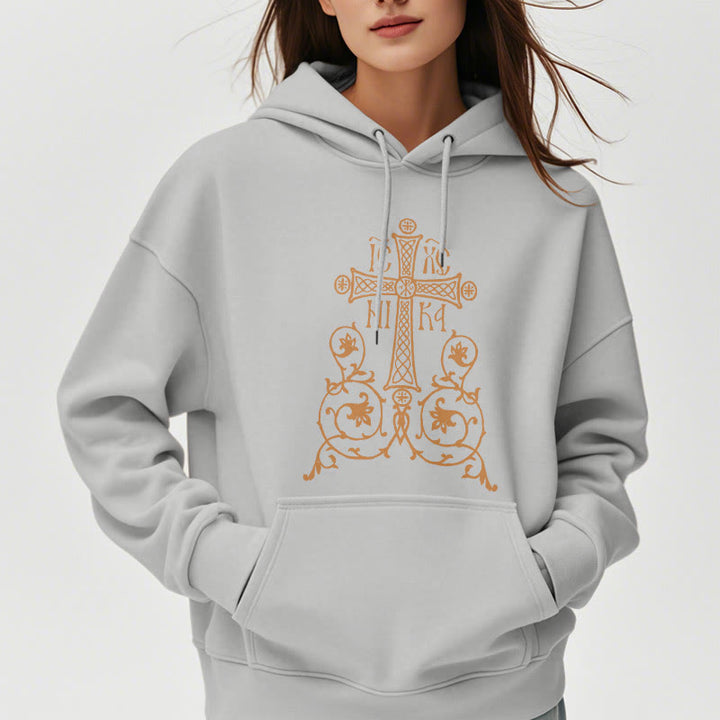 Sweat à capuche en polyester doublé polaire, style classique, avec emblème de croix sacrée, motifs floraux et vignes, signé Christianartworkshop - image 32