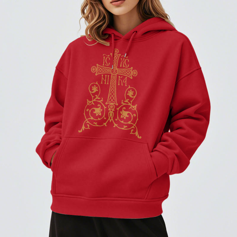 Sweat à capuche en polyester doublé polaire, style classique, avec emblème de croix sacrée, motifs floraux et vignes, signé Christianartworkshop - image 37