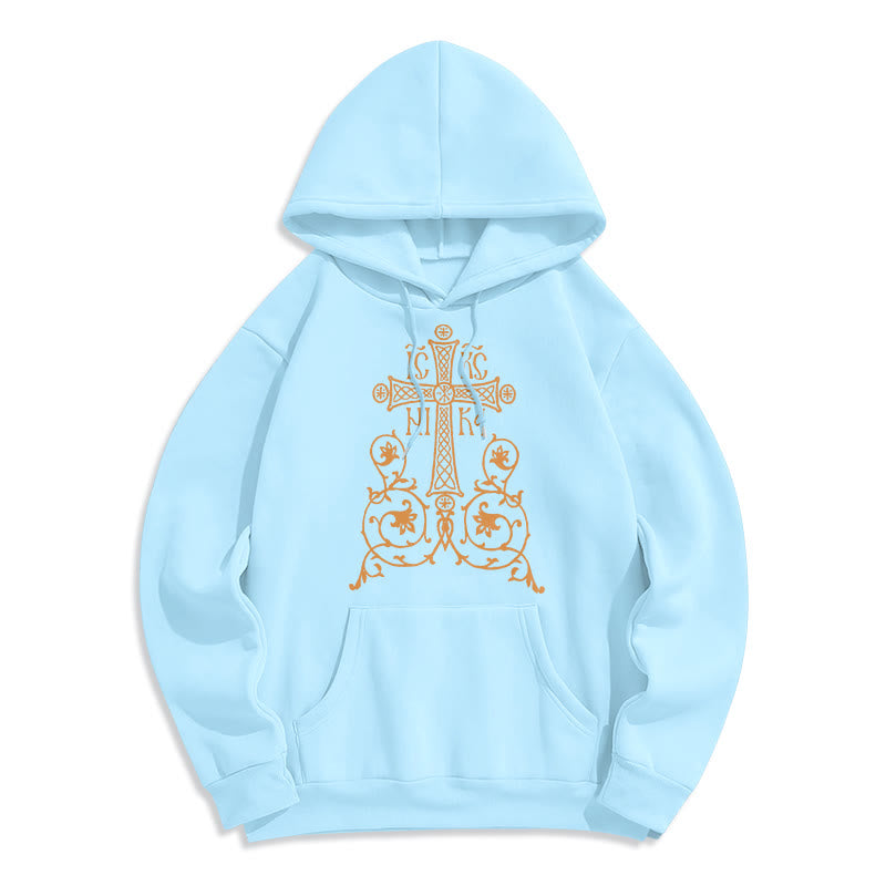 Sweat à capuche en polyester doublé polaire, style classique, avec emblème de croix sacrée, motifs floraux et vignes, signé Christianartworkshop - Bleu - 2XL - image 25