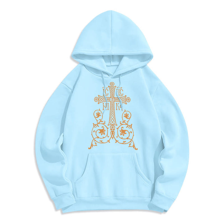 Sweat à capuche en polyester doublé polaire, style classique, avec emblème de croix sacrée, motifs floraux et vignes, signé Christianartworkshop - Bleu - 2XL - image 25