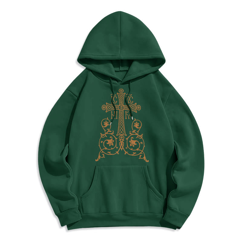 Sweat à capuche en polyester doublé polaire, style classique, avec emblème de croix sacrée, motifs floraux et vignes, signé Christianartworkshop - Vert - 2XL - image 20