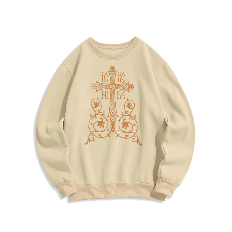 Sweat-shirt en polyester doublé polaire style classique Christianartworkshop, orné d'un emblème de croix sacrée, de fleurs et de vignes. - Beige - 2XL - image 10