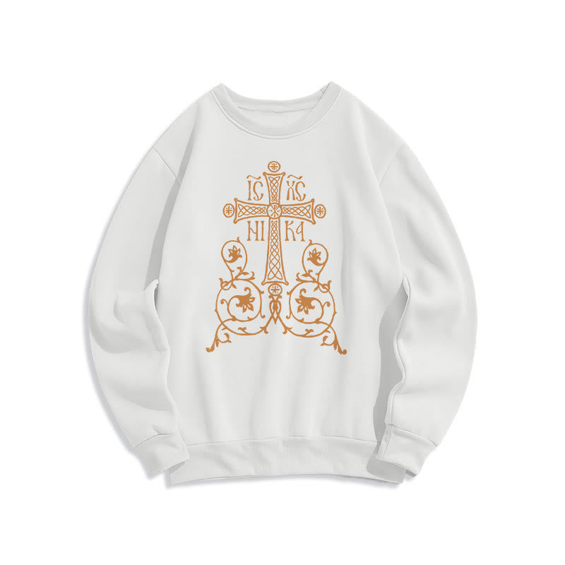 Sweat-shirt en polyester doublé polaire style classique Christianartworkshop, orné d'un emblème de croix sacrée, de fleurs et de vignes. - Blanc - 2XL - image 5
