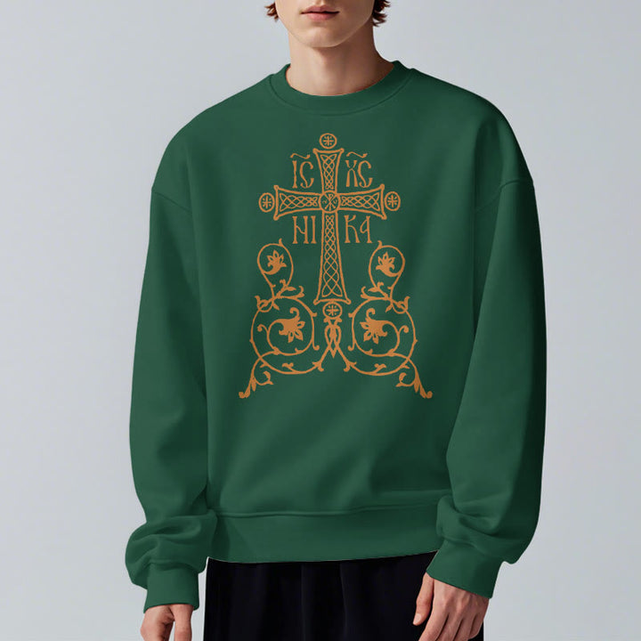 Sweat-shirt en polyester doublé polaire style classique Christianartworkshop, orné d'un emblème de croix sacrée, de fleurs et de vignes. - image 22