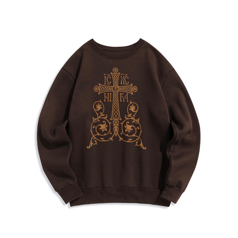 Sweat-shirt en polyester doublé polaire style classique Christianartworkshop, orné d'un emblème de croix sacrée, de fleurs et de vignes. - Brun - 2XL - image 15