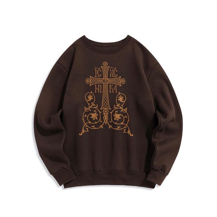 Sweat-shirt en polyester doublé polaire style classique Christianartworkshop, orné d'un emblème de croix sacrée, de fleurs et de vignes. - Brun - 2XL - image 15