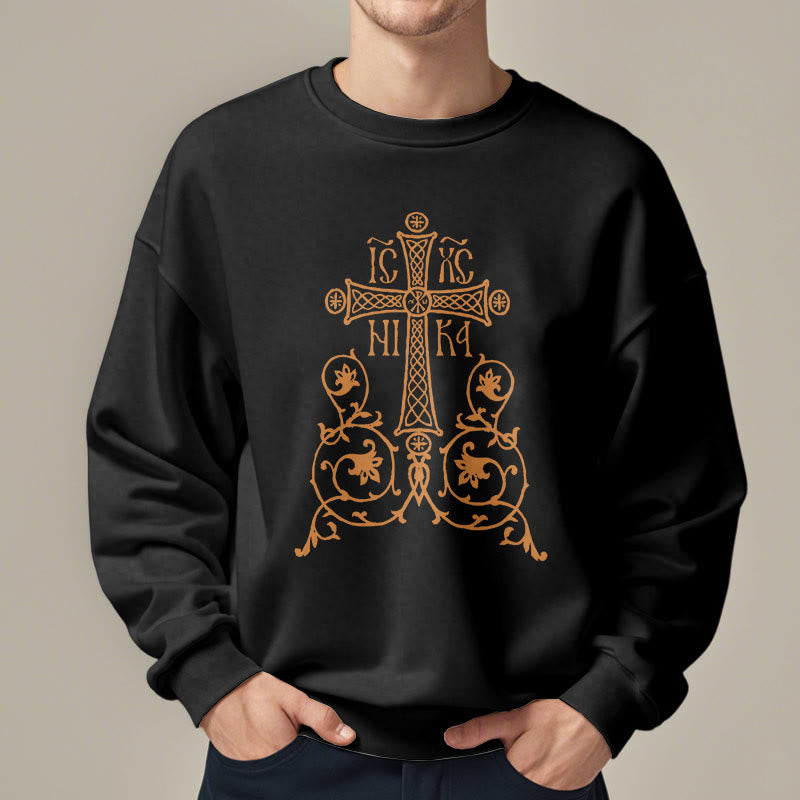 Sweat-shirt en polyester doublé polaire style classique Christianartworkshop, orné d'un emblème de croix sacrée, de fleurs et de vignes. - image 2