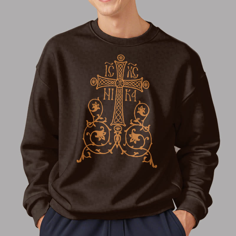 Sweat-shirt en polyester doublé polaire style classique Christianartworkshop, orné d'un emblème de croix sacrée, de fleurs et de vignes. - image 17