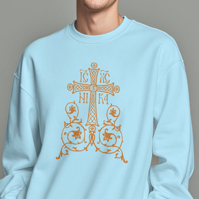 Sweat-shirt en polyester doublé polaire style classique Christianartworkshop, orné d'un emblème de croix sacrée, de fleurs et de vignes. - image 28